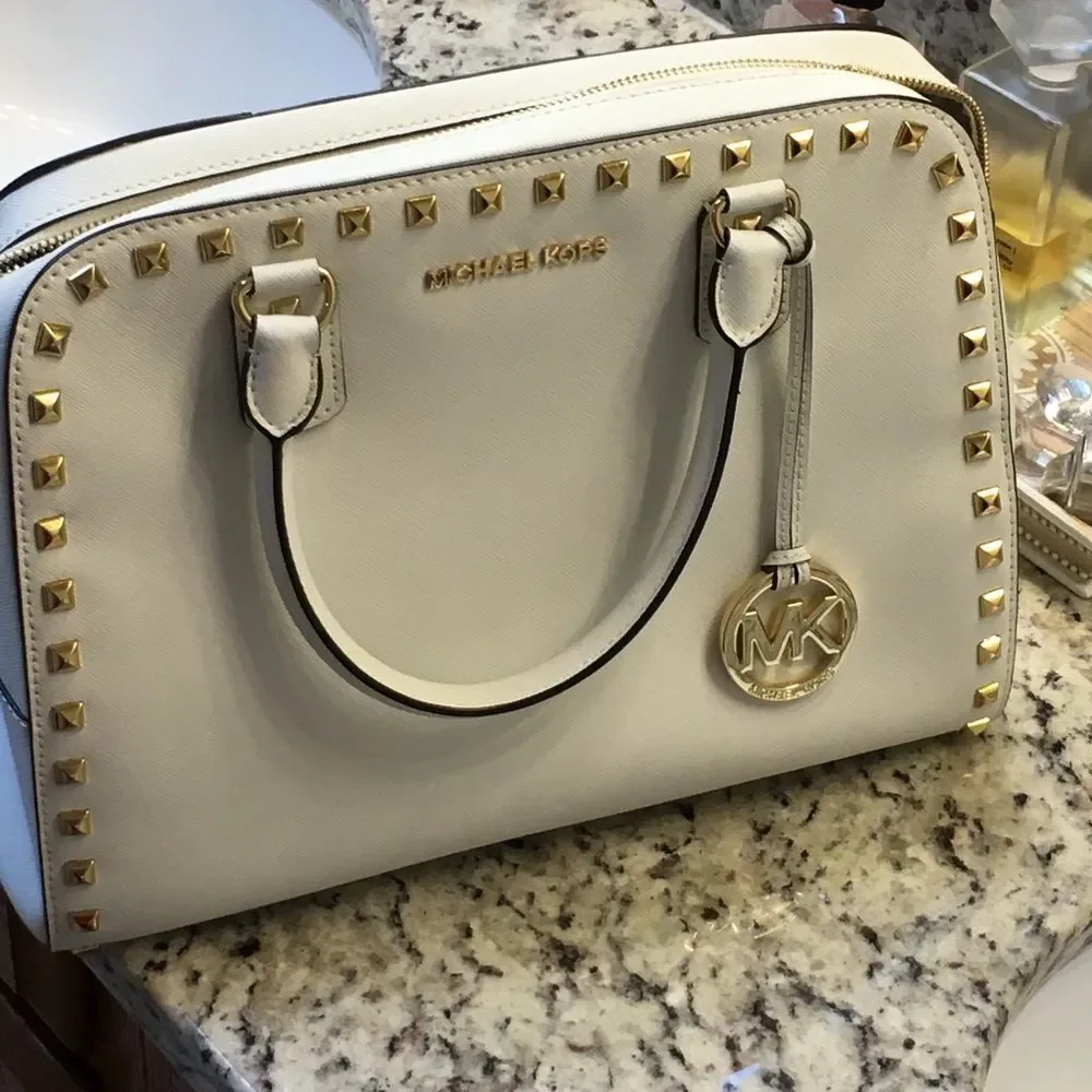 Genuine Michael Kors Large Satchel Handbag Crossbody Studded White - Picture 2 of 6